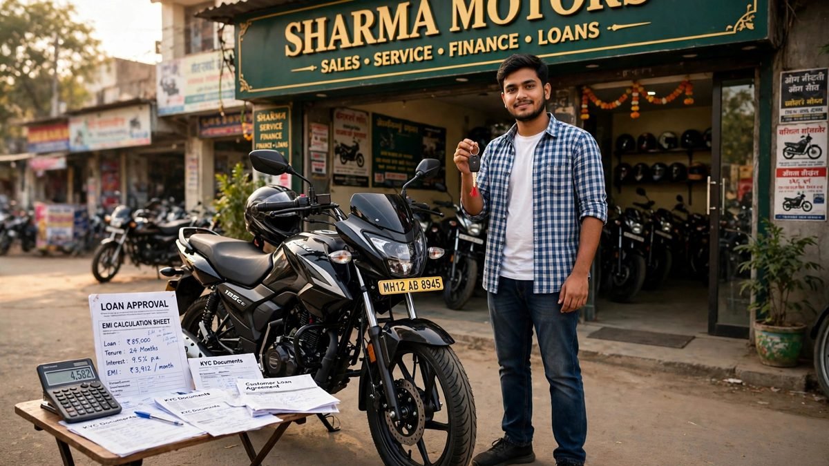 Bike loan EMI calculator — nayi bike ke saath khada kharidar, down payment aur EMI ka hisaab lagata hua