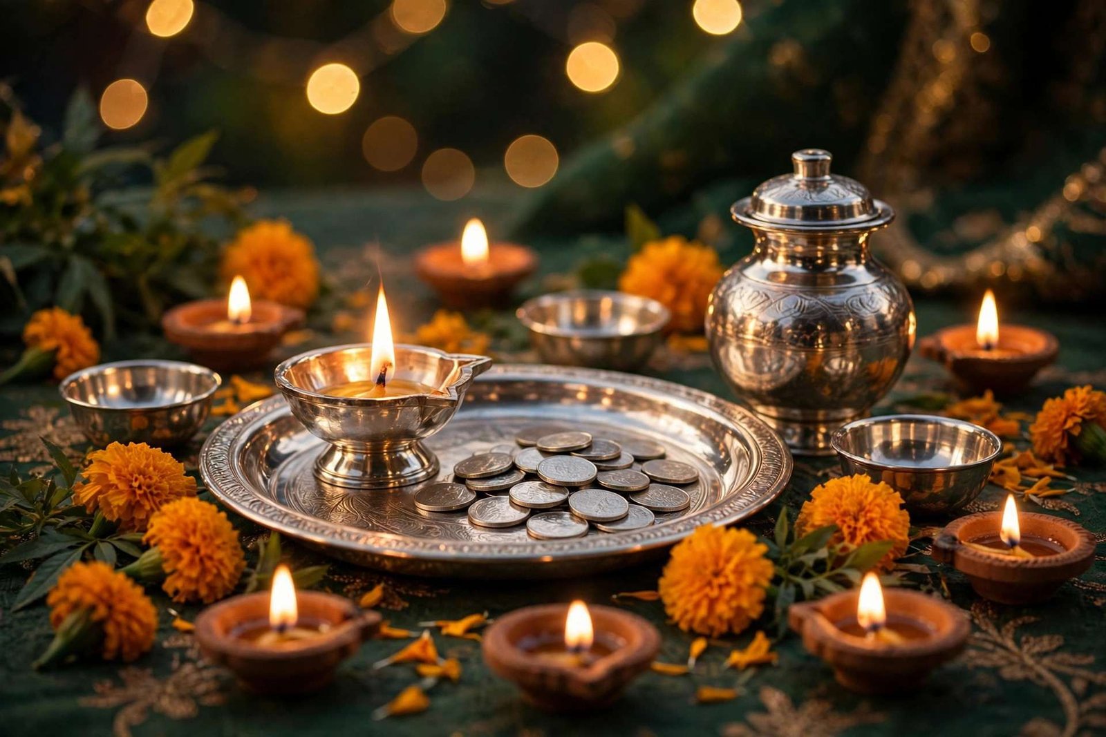 Diwali par chaandi ki puja thali, sikke, diya aur bartan — chaandi aadhi ho gayi, Diwali par kharidein ya rukein guide