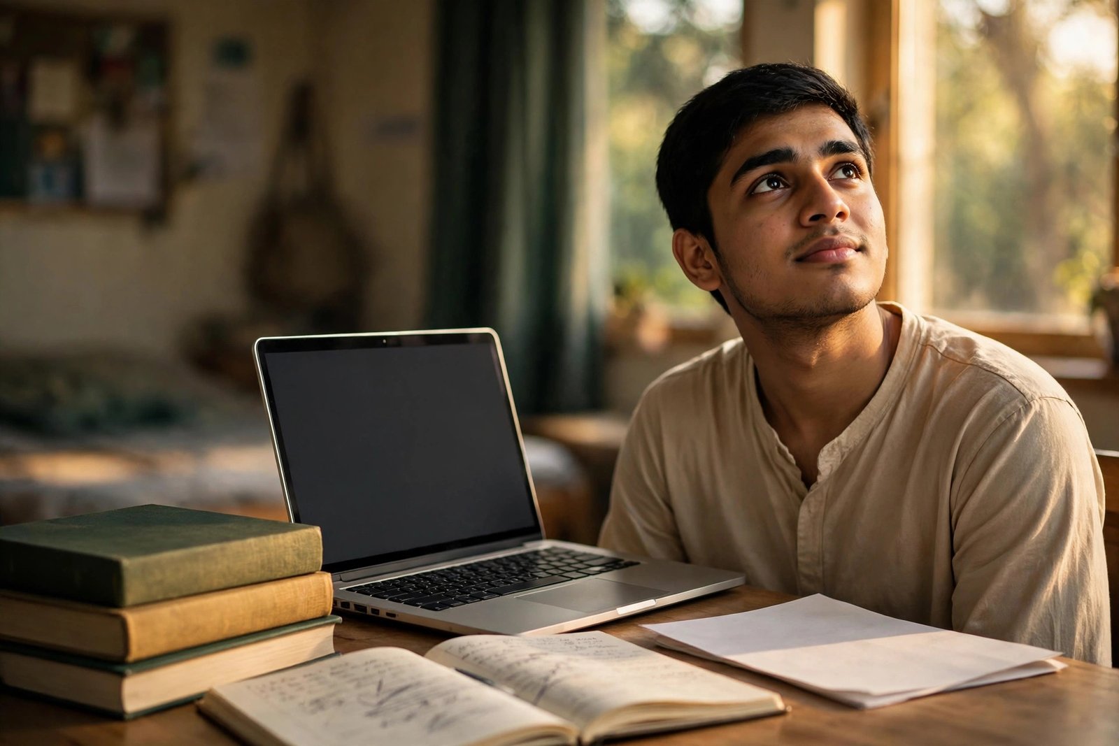Education loan EMI calculator — padhai ki desk par laptop aur kitaabon ke saath baitha student, admission aur loan ka hisaab sochta hua