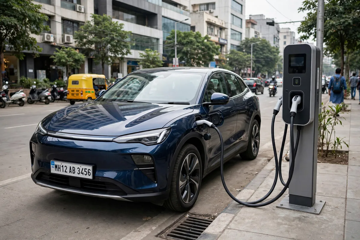 India mein electric car fast charging station par charge hoti hui