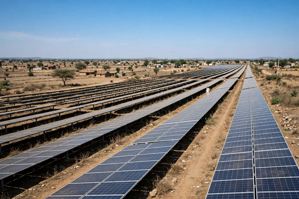 Rural India mein horizon tak phaila solar panel farm