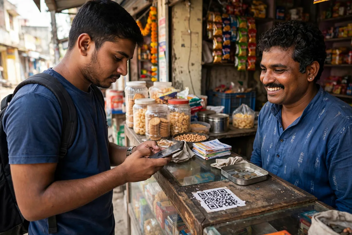 Indian dukandaar QR code par customer ka smartphone se UPI payment lete hue