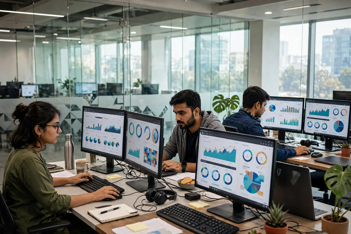 Modern Indian tech office mein engineers AI dashboards par kaam karte hue