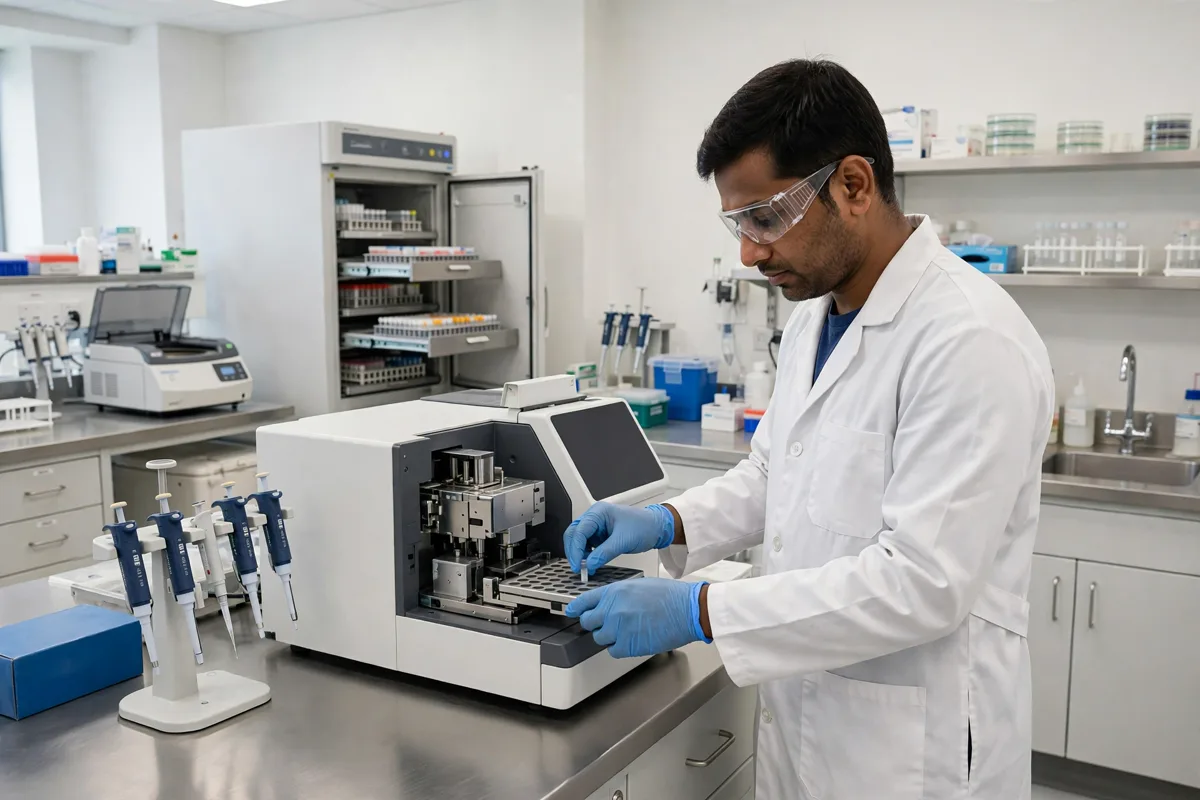 Modern Indian diagnostics lab mein technician advanced medical equipment operate karte hue