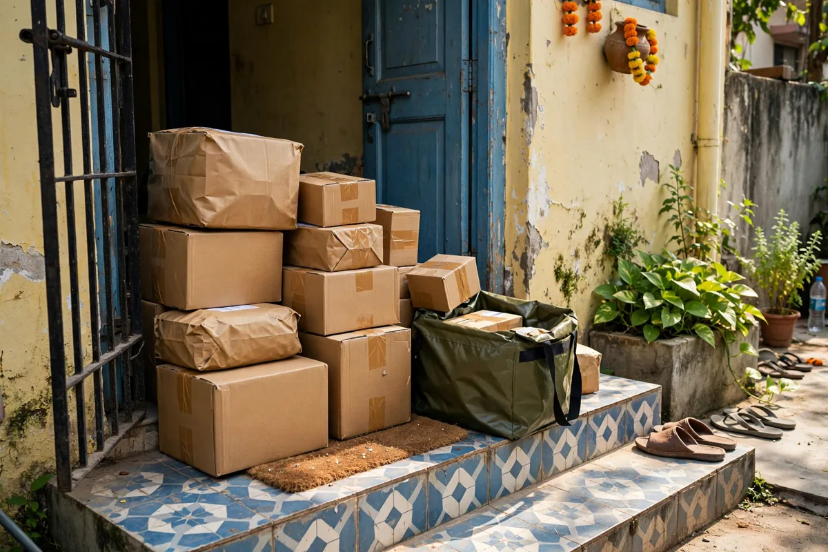 Indian ghar ke darwaze par rakhe e-commerce delivery parcels