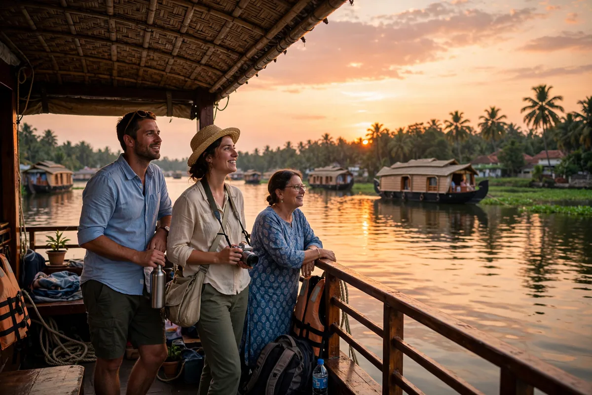 Sunset mein Kerala backwaters par houseboats ka manohar drishya