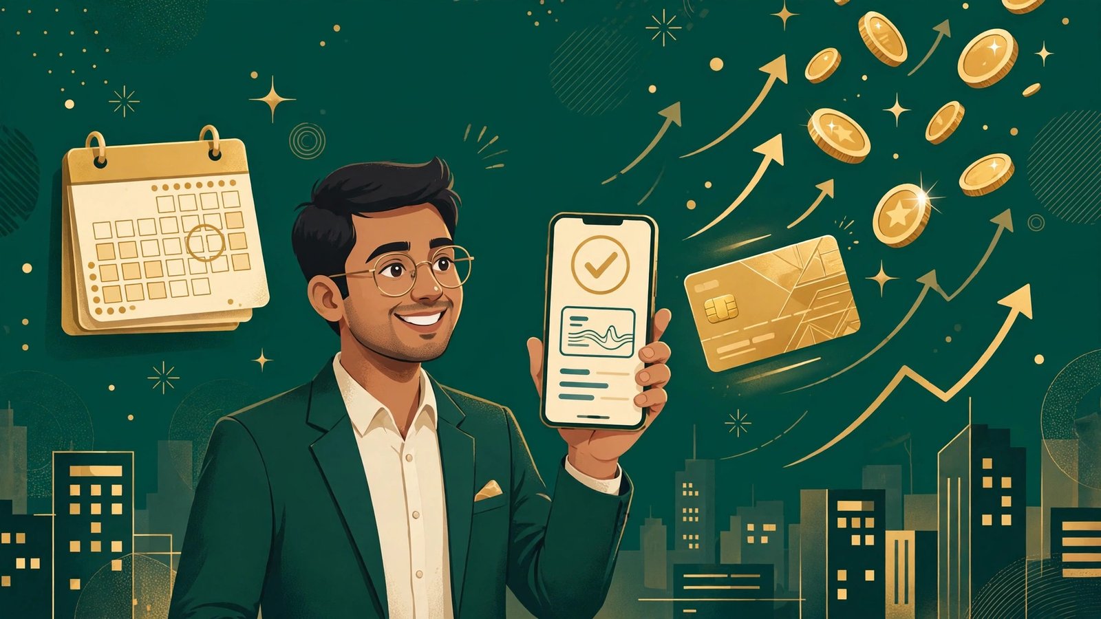 SalarySe Level UP Card — salary day par smartphone se payment karta salaried employee, calendar aur gold card ke saath illustration